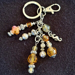 NEW Amber Silver Beaded Bag Charm Keychain Handmade One of a Kind